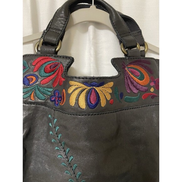 Lucky Brand Abbey Road Black Leather Embroidered Crossbody Tote Purse Bag Boho - Picture 3 of 8